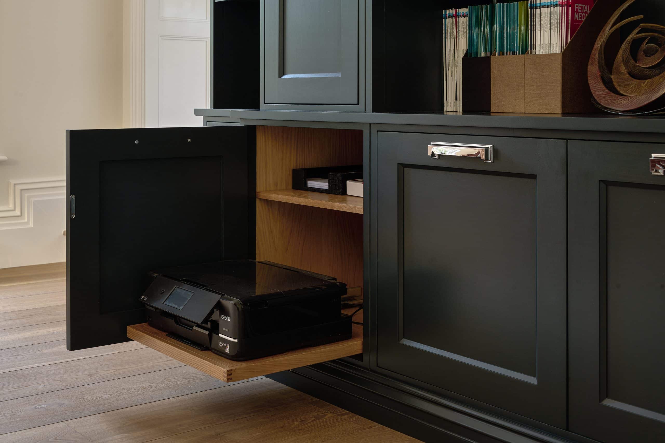 Bespoke home office with hand-painted cabinetry and pull-out printer shelf.